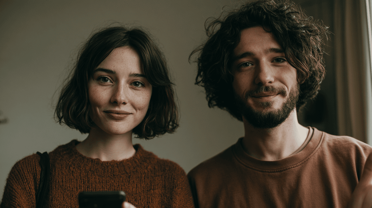 A man and a woman, intrigued by each other, one raising an open palm toward the camera